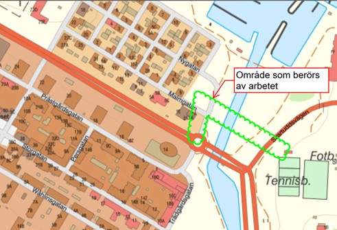 kartbild över området i Piteå Centrum som kommer påverka vid vatten och avlopp-arbete.