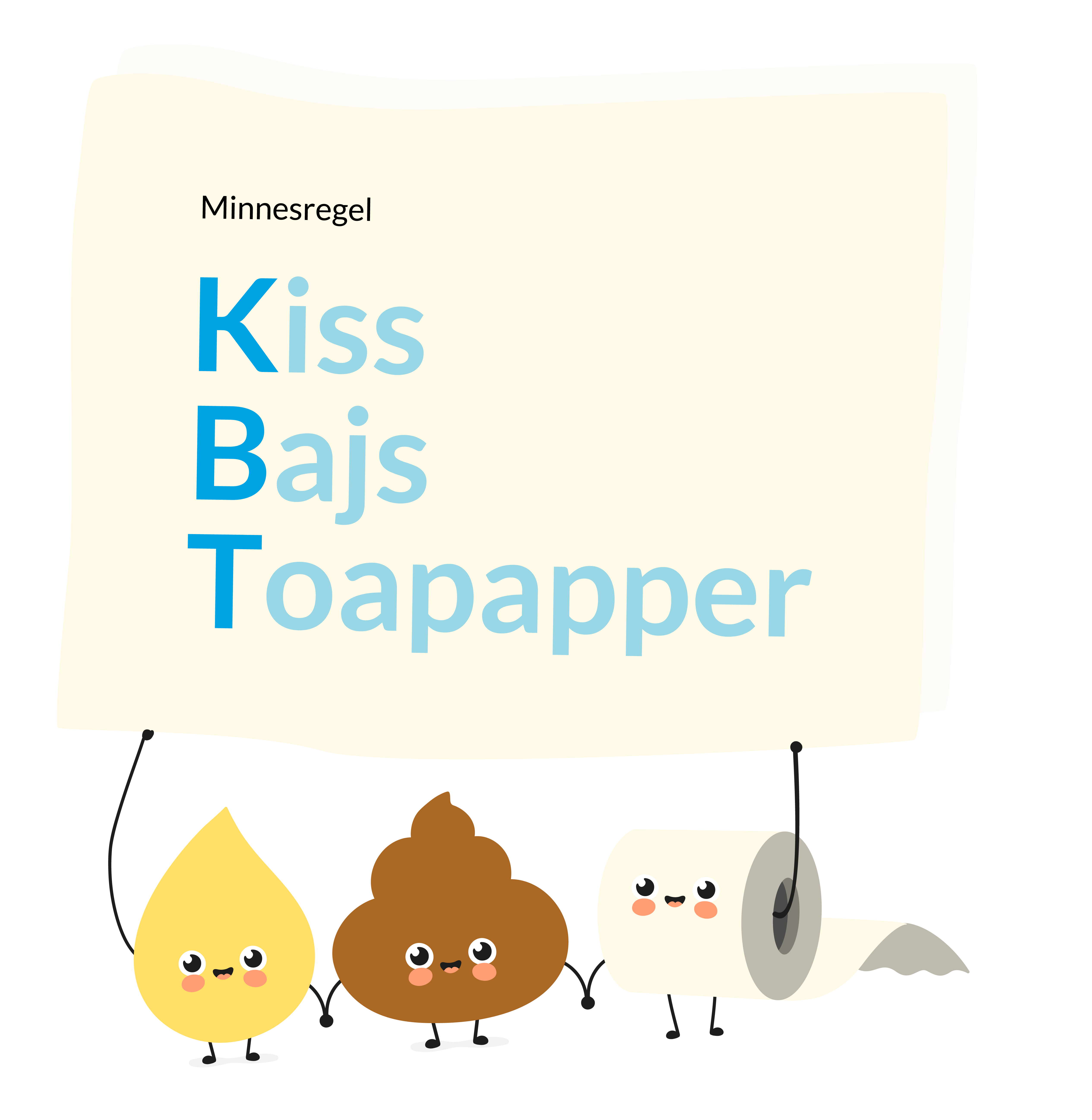 Illustration av blå text minnesregel: KBT Kiss, Bajs, Toapapper på skylt som hålls upp av glada figurer i form av kissdroppe, bajskorv och toalettrulle.