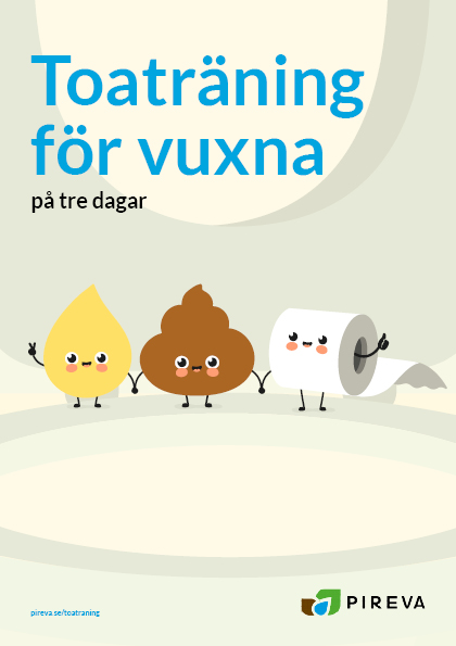 Text: Toaträning för vuxna på tre dagar. Glada, gulliga illustrationer av kiss, bajs och toalettpappersrulle som står på en öppen toalettstol.